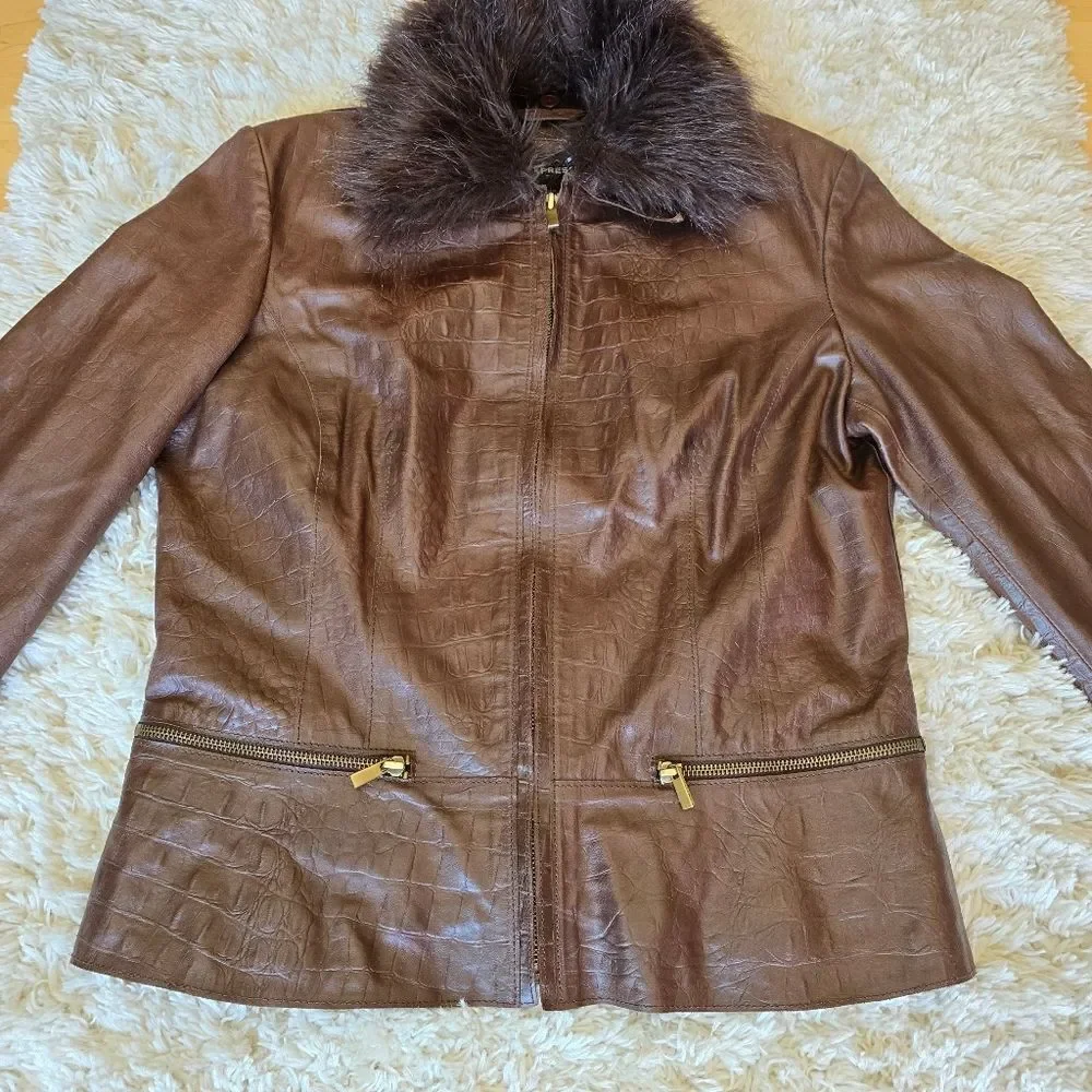 Express Genuine Leather Croc Embossed Brown Jacket Zip Size 14‎ Y2K 90s Western